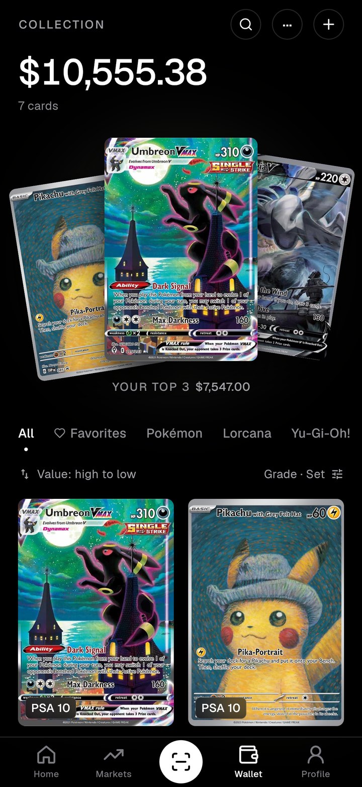 The Wallet with a sample collection: its value, its top three cards and every card at its grade